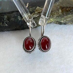 Sterling Silver 925 Oval Bezel Set Garnet Cabochon Dangle Drop Earrings